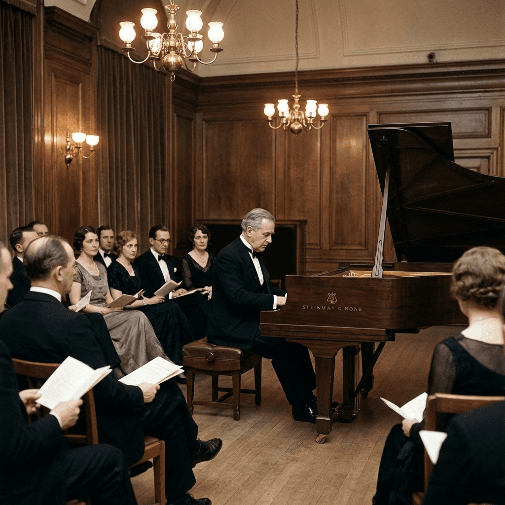 Intimate Wigmore Hall recital scene suggesting Rachmaninoff’s 1922 London return: lone grand piano, focused pianist, attentive audience under chandelier light