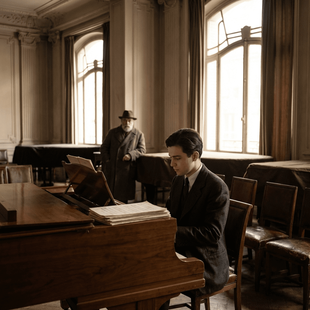 Young Nikita Magaloff at the piano in a Paris Conservatoire setting, late 1920s—disciplined study and emerging artistry.