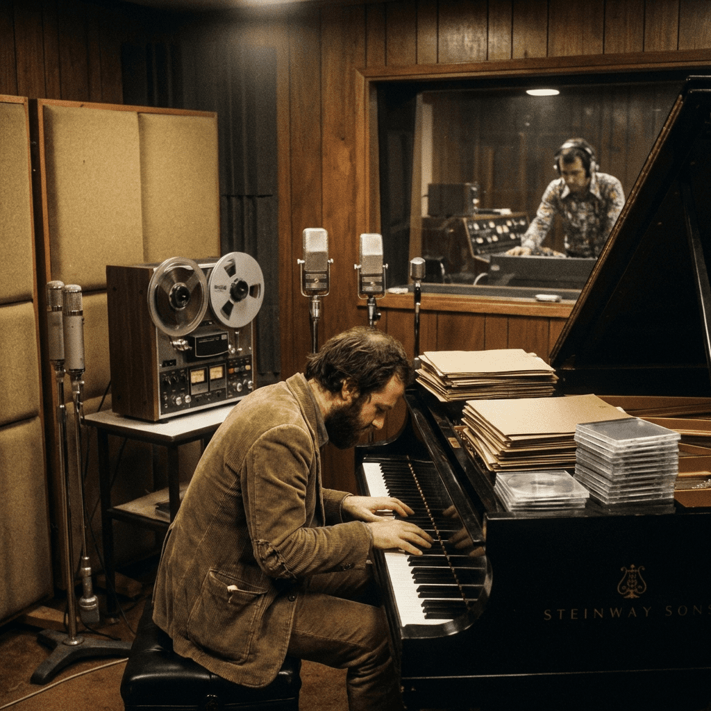 A 1970s-style studio recording session at a grand piano with microphones and reel-to-reel tape—evoking Magaloff’s complete Chopin recording project.