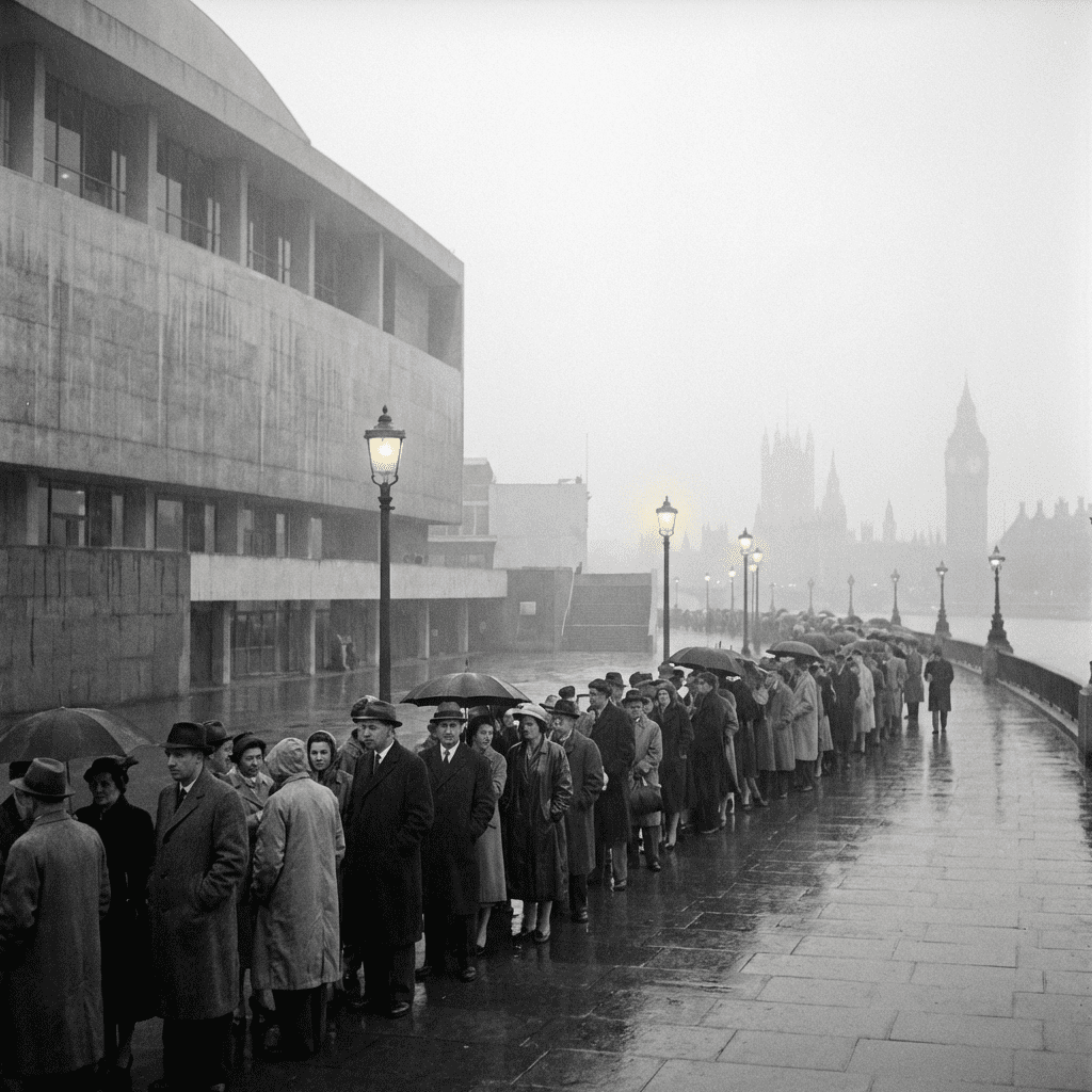 Royal Festival Hall at dawn in July 1961 with a long queue of concertgoers waiting in light rain for Sviatoslav Richter’s London debut