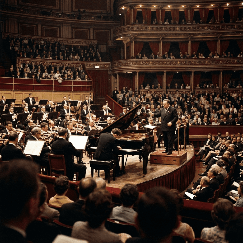 Royal Albert Hall interior during the 16 July 1961 concerto night: pianist at the keyboard with Kondrashin conducting and the London Symphony Orchestra performing under warm stage lights