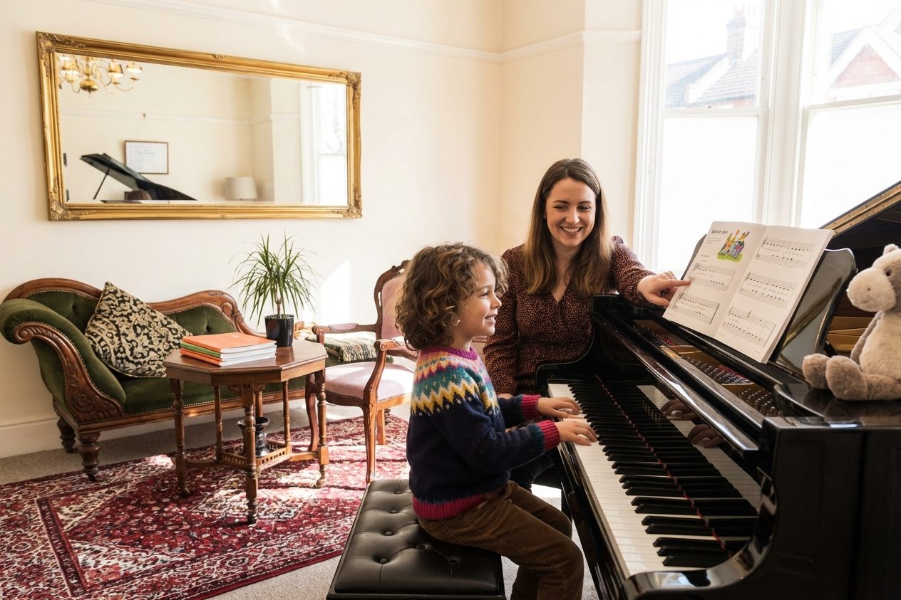 Child learning piano with a WKMT teacher in London