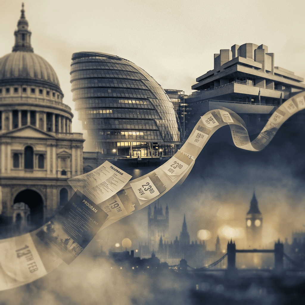 Montage-style London timeline of concert venues connected by programmes and dates, evoking key points in Vladimir Ashkenazy’s London performance history