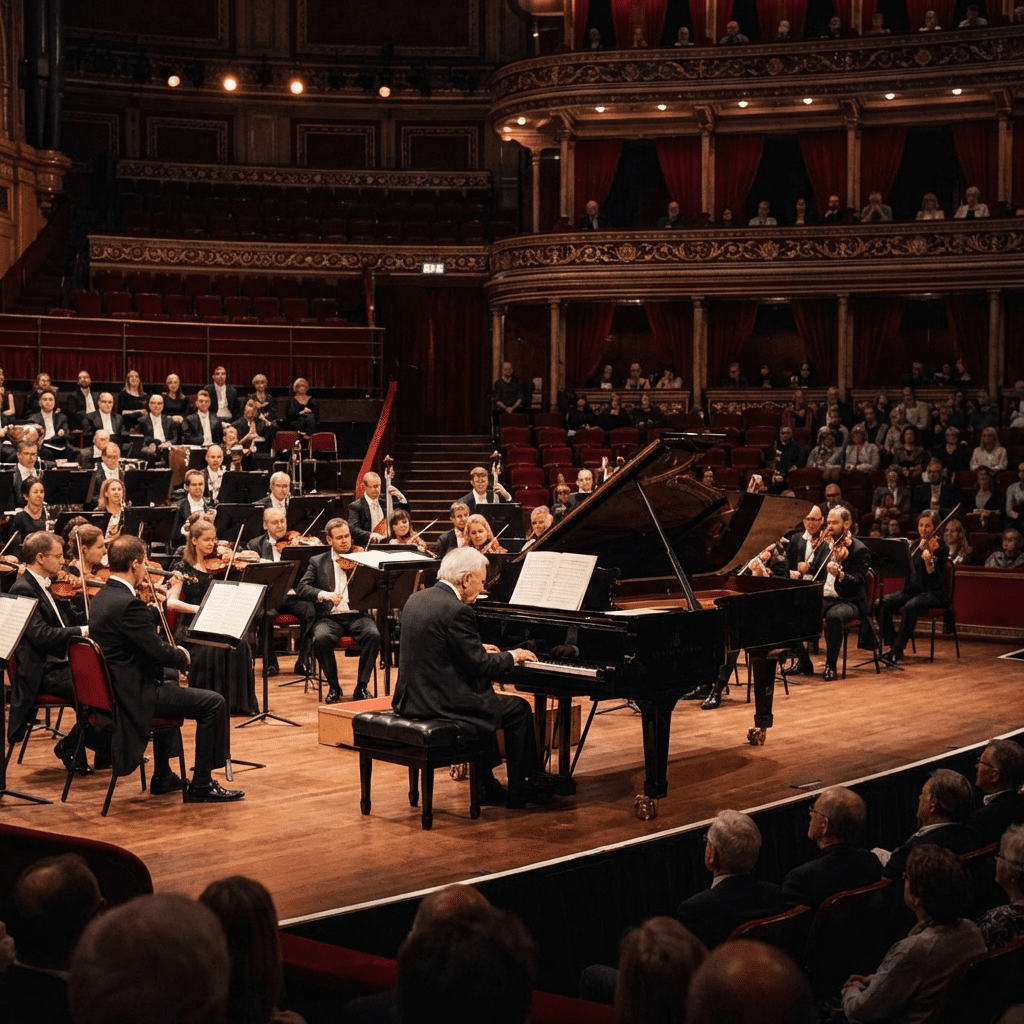 Editorial-style London concert hall scene with a pianist-conductor at a grand piano and orchestra behind, evoking Vladimir Ashkenazy’s presence on major London stages