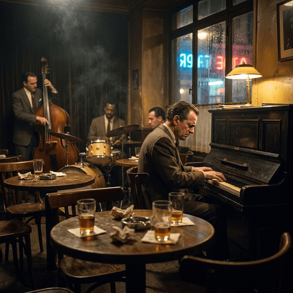 1950s Paris jazz club at 3 a.m. with smoky atmosphere: pianist improvising at an upright piano, jazz trio in background, rain-lit window glow