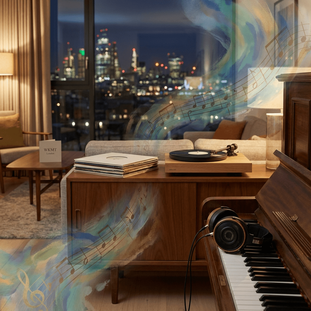 Modern London listening room with turntable and stacked classical records, high-end headphones on piano keys, and blurred London night lights in the background