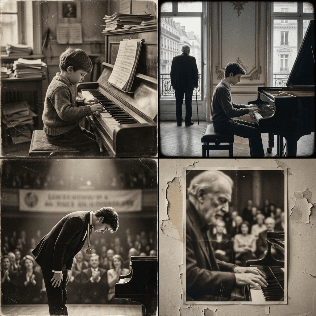 Samson François biography montage: child prodigy at an upright piano, teenage study in Paris with a teacher silhouette, and a competition medal moment