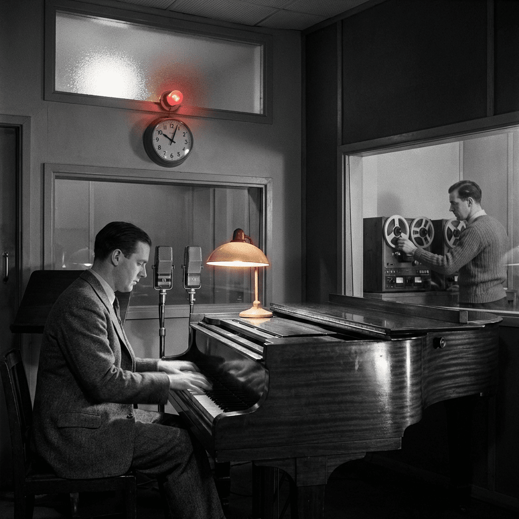 Late-1940s BBC-style London radio studio with pianist at a grand piano and vintage microphones, suggesting Dinu Lipatti’s Liszt broadcast performance.