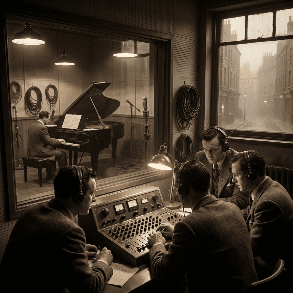 Atmospheric late-1940s London recording studio scene evoking Dinu Lipatti’s Abbey Road EMI sessions, with grand piano, microphones and producer behind glass.