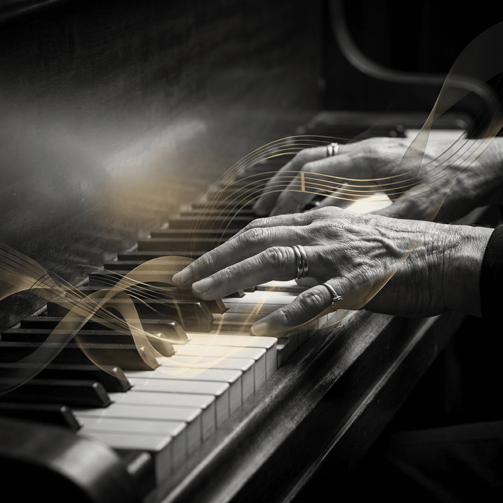 Artistic close-up of hands on piano keys with layered musical lines suggesting inner voices and controlled dynamics, evoking Dinu Lipatti’s interpretative clarity.