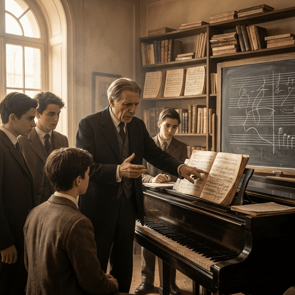 Paris music academy classroom evoking Alfred Cortot the teacher and editor: grand piano, students with annotated scores and a professor demonstrating phrasing