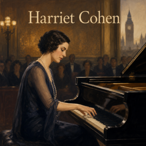 Harriet Cohen at the piano in an elegant London concert setting