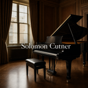Solomon Cutner represented by a grand piano in an elegant London recital room