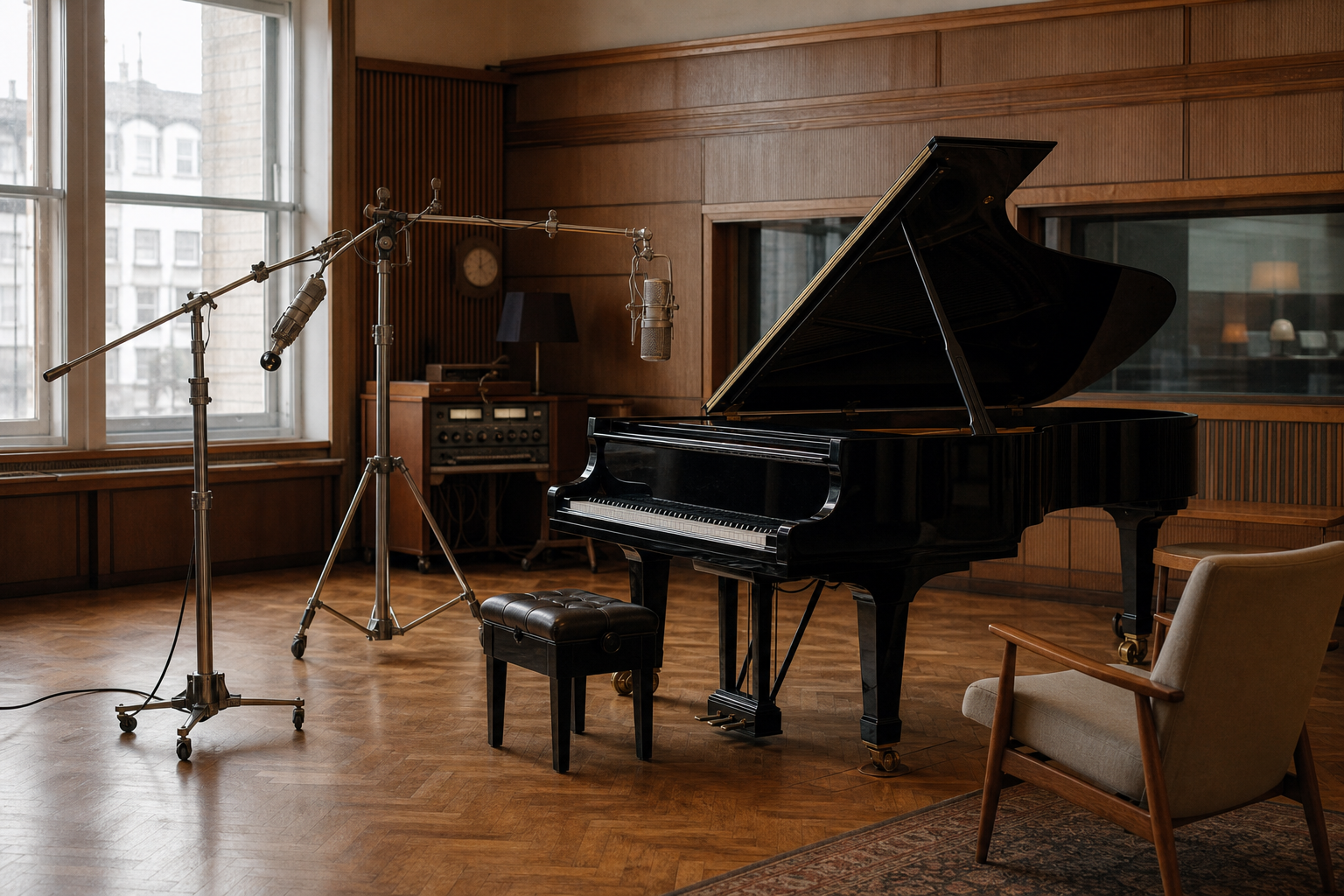 BBC archive listening room with grand piano for Annie Fischer broadcasts