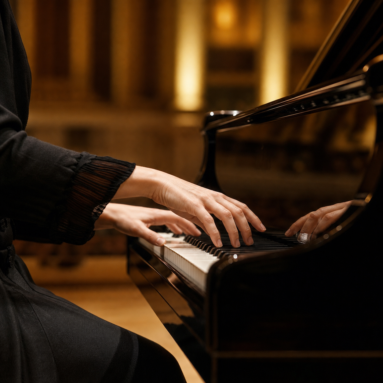 Adult pianist studying Annie Fischer Beethoven and Schumann interpretation at a grand piano