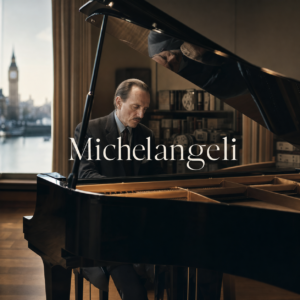 Arturo Benedetti Michelangeli in London hero image with grand piano and centred title