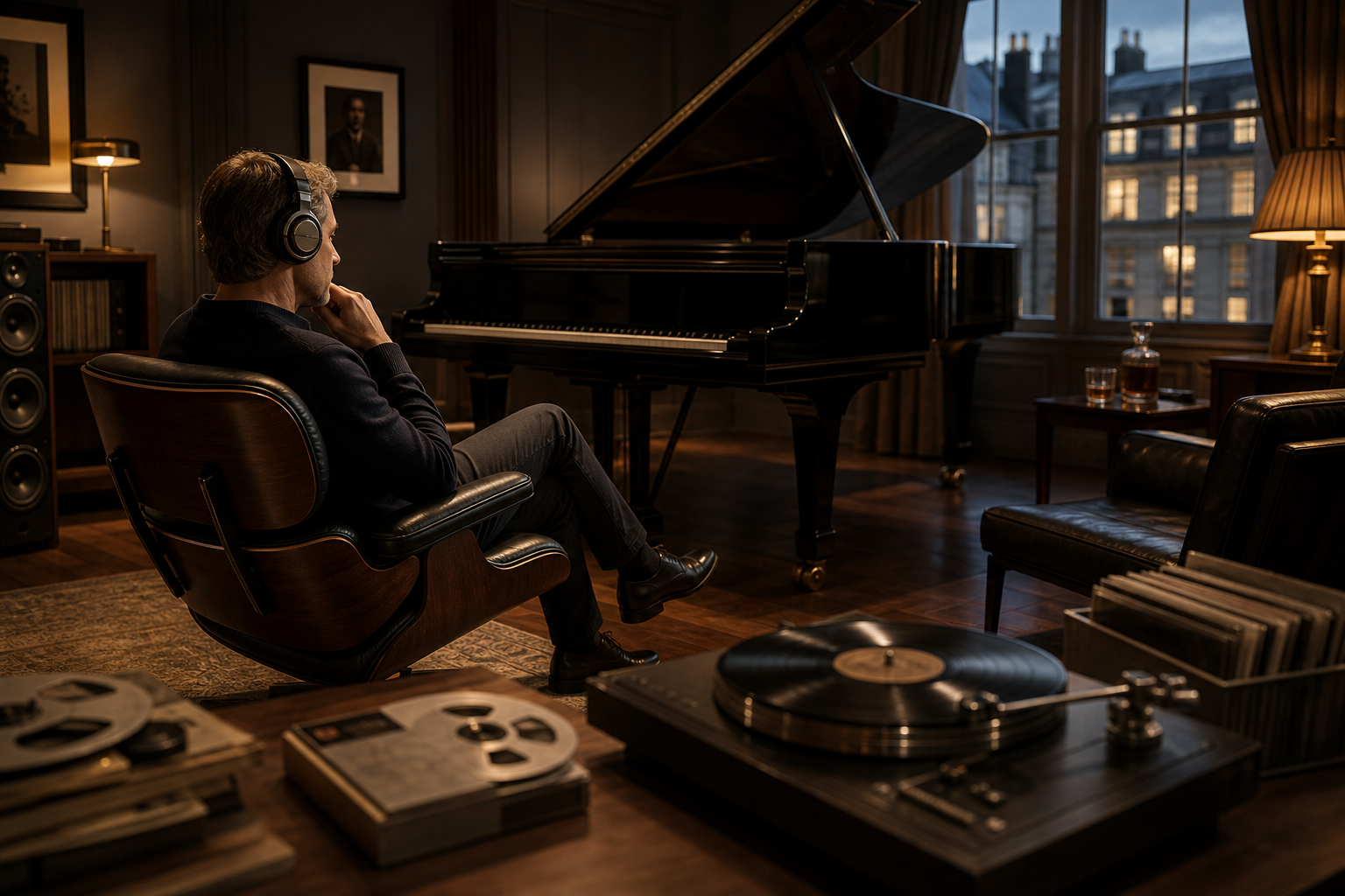 Listening room with grand piano and recordings for Michelangeli study