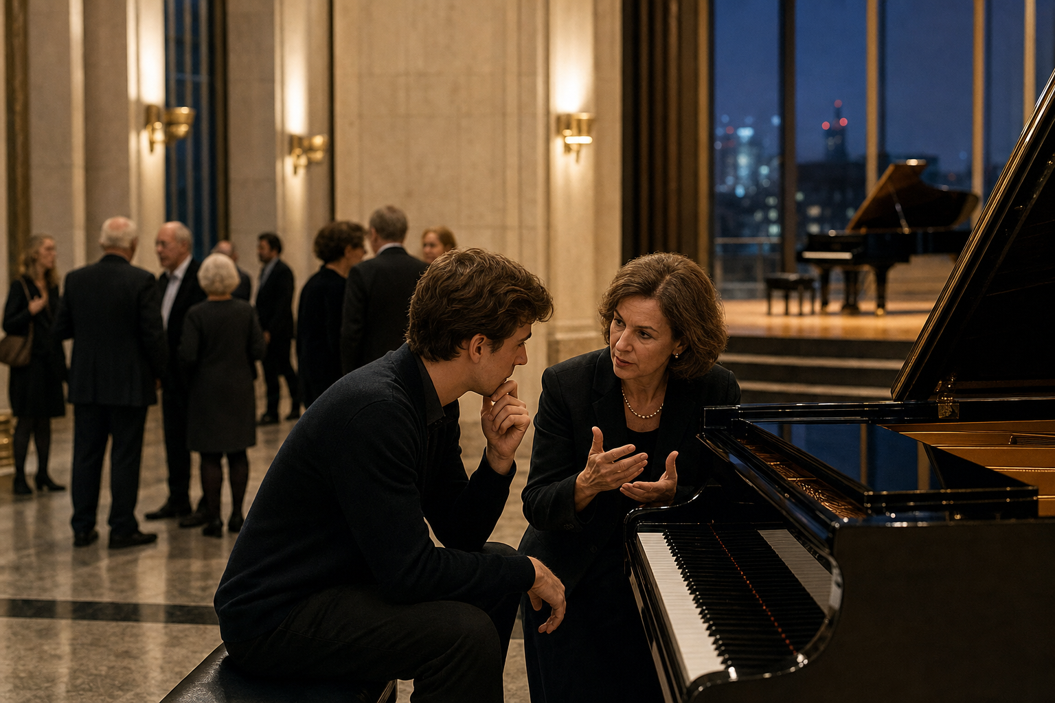 London recital hall conversation beside a grand piano after a Michelangeli inspired performance