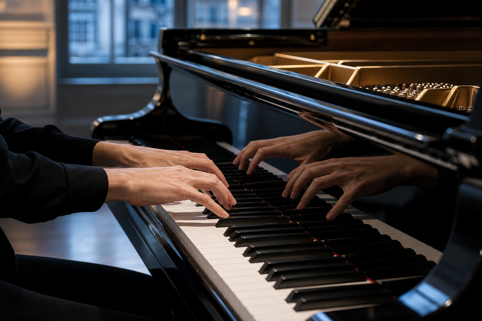 Close view of pianist hands at a grand piano illustrating Michelangeli tone control