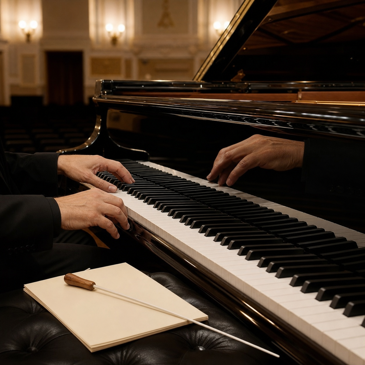 Grand piano keyboard and baton for Barenboim Beethoven listening
