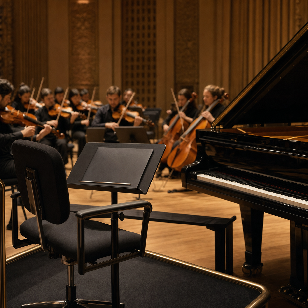 Conductor rehearsal stage and grand piano for Barenboim ensemble craft
