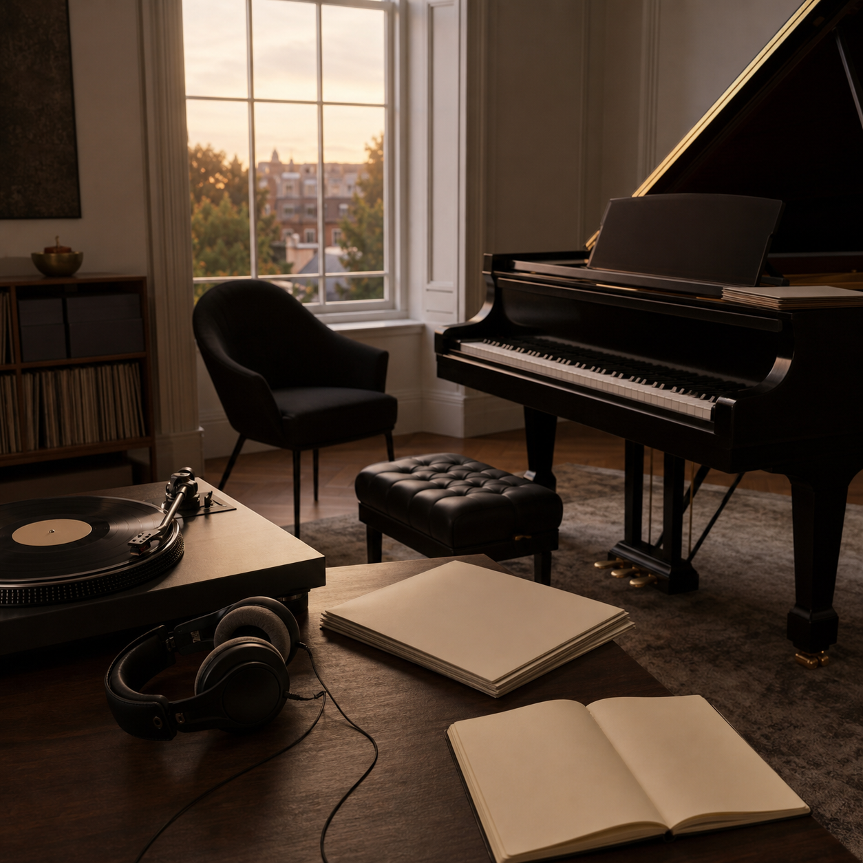 Listening room with grand piano and recordings for Daniel Barenboim guide