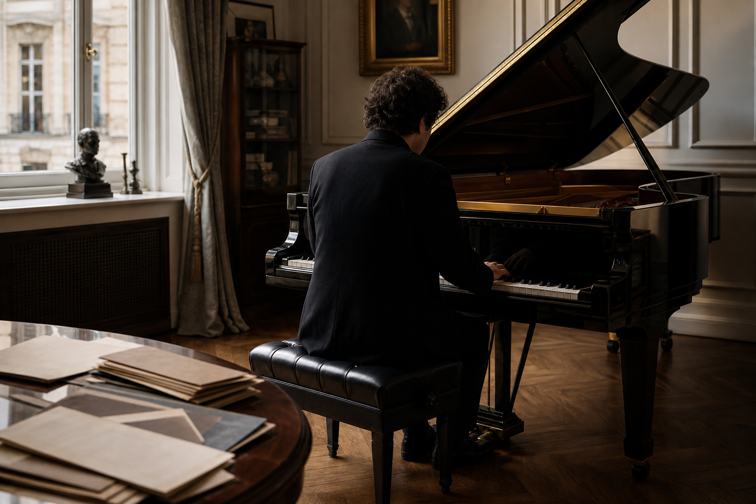 Evgeny Kissin biography section with pianist at a grand piano in a London studio