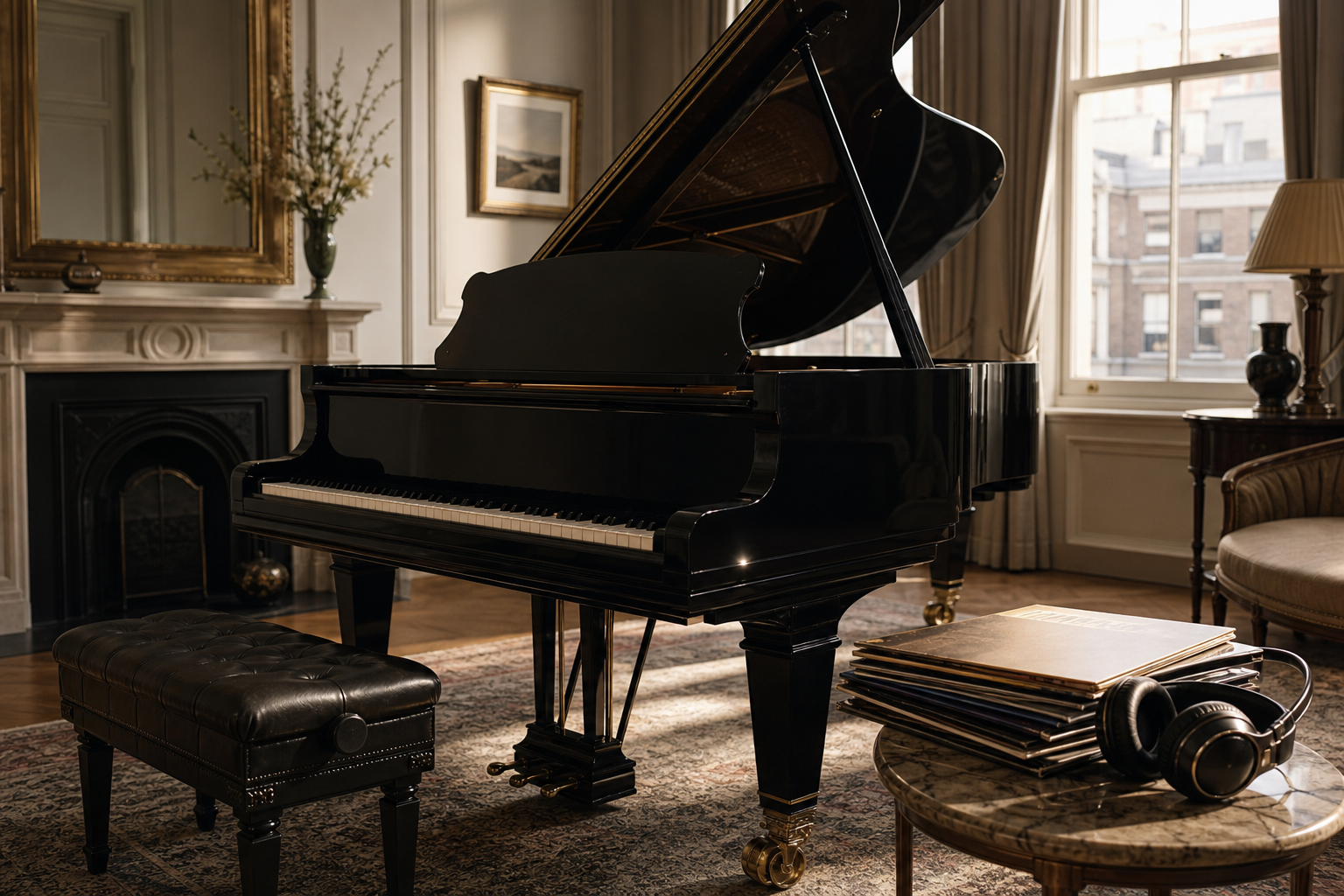 Grand piano listening room for Evgeny Kissin recordings and adult piano study