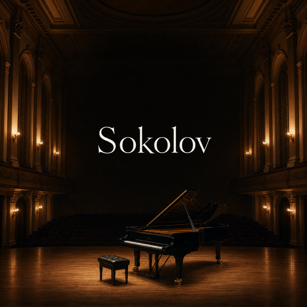 Grigory Sokolov listening guide hero with centred Sokolov title in a London recital hall