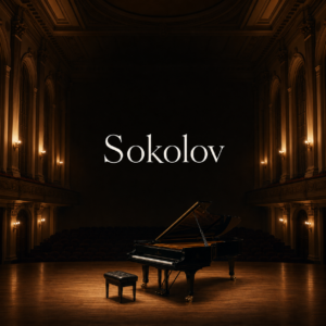 Grigory Sokolov listening guide hero with centred Sokolov title in a London recital hall