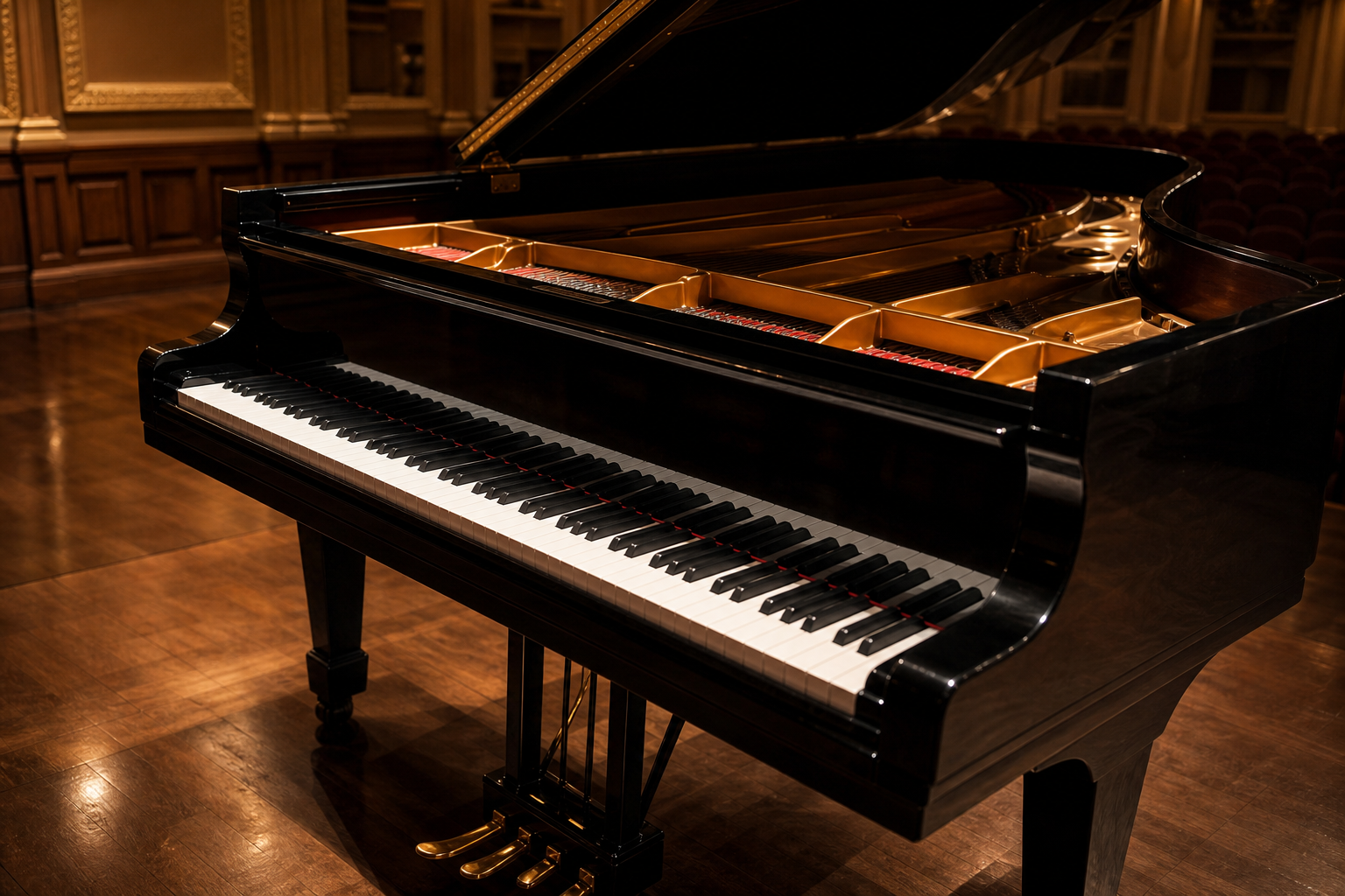 Concert grand piano keys and pedals illustrating Sokolov touch, voicing and silence