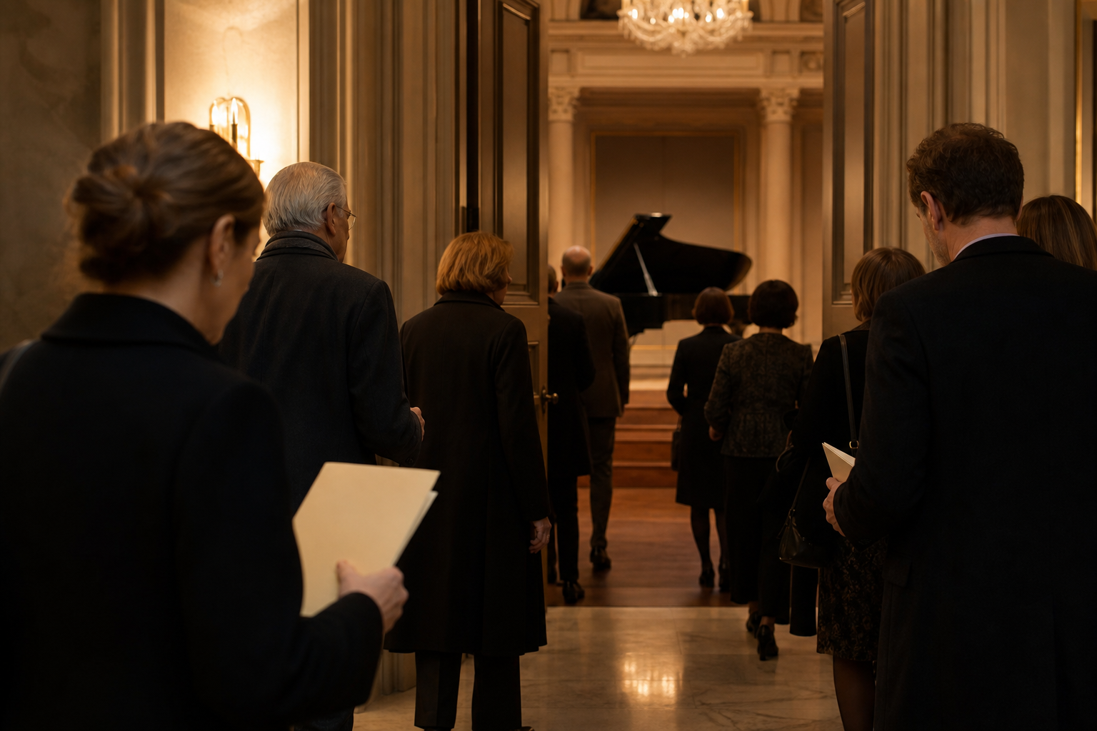 London recital foyer before a serious piano listening evening inspired by Grigory Sokolov