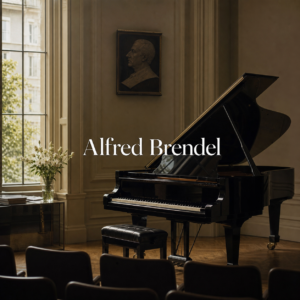 Alfred Brendel in London with a grand piano, listening and Beethoven study