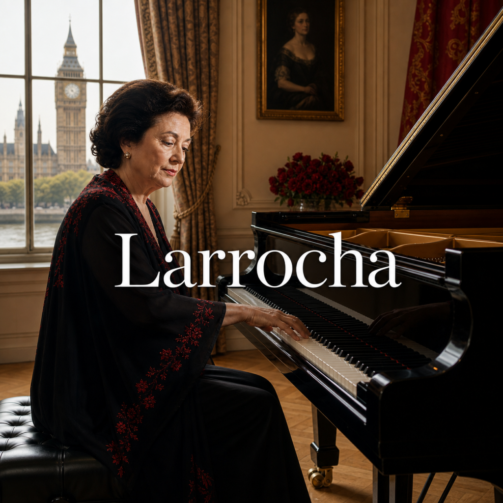 Alicia de Larrocha in London hero image with centred Larrocha title text