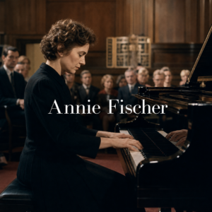 Annie Fischer in London with centred title text and a grand piano