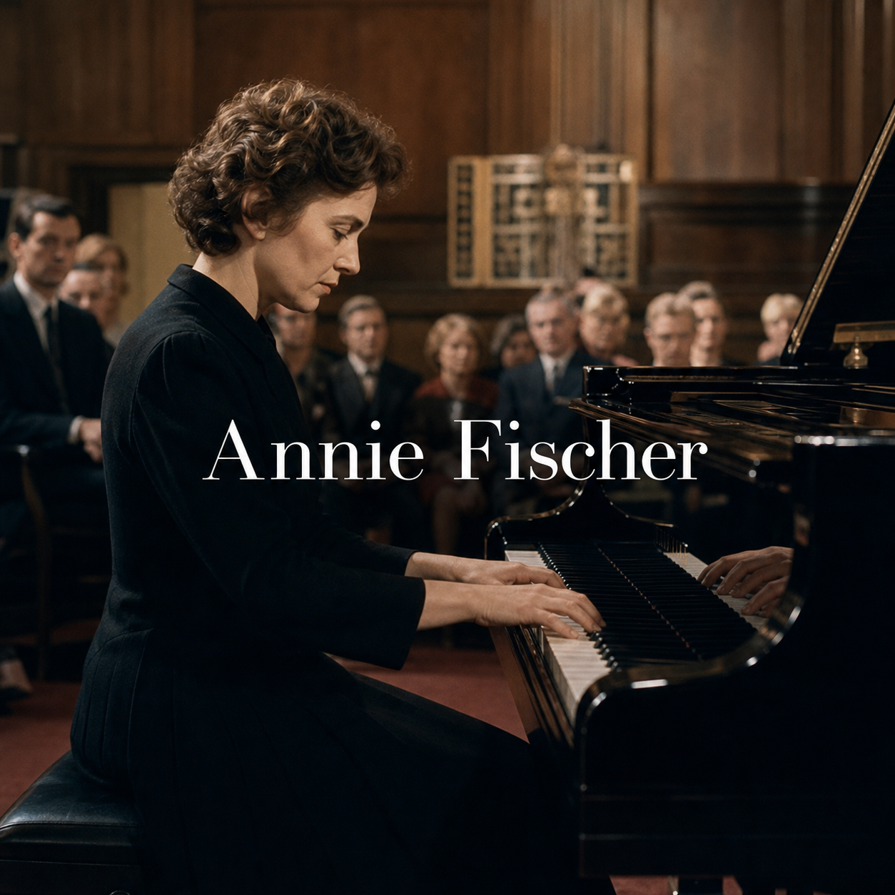 Annie Fischer in London with centred title text and a grand piano
