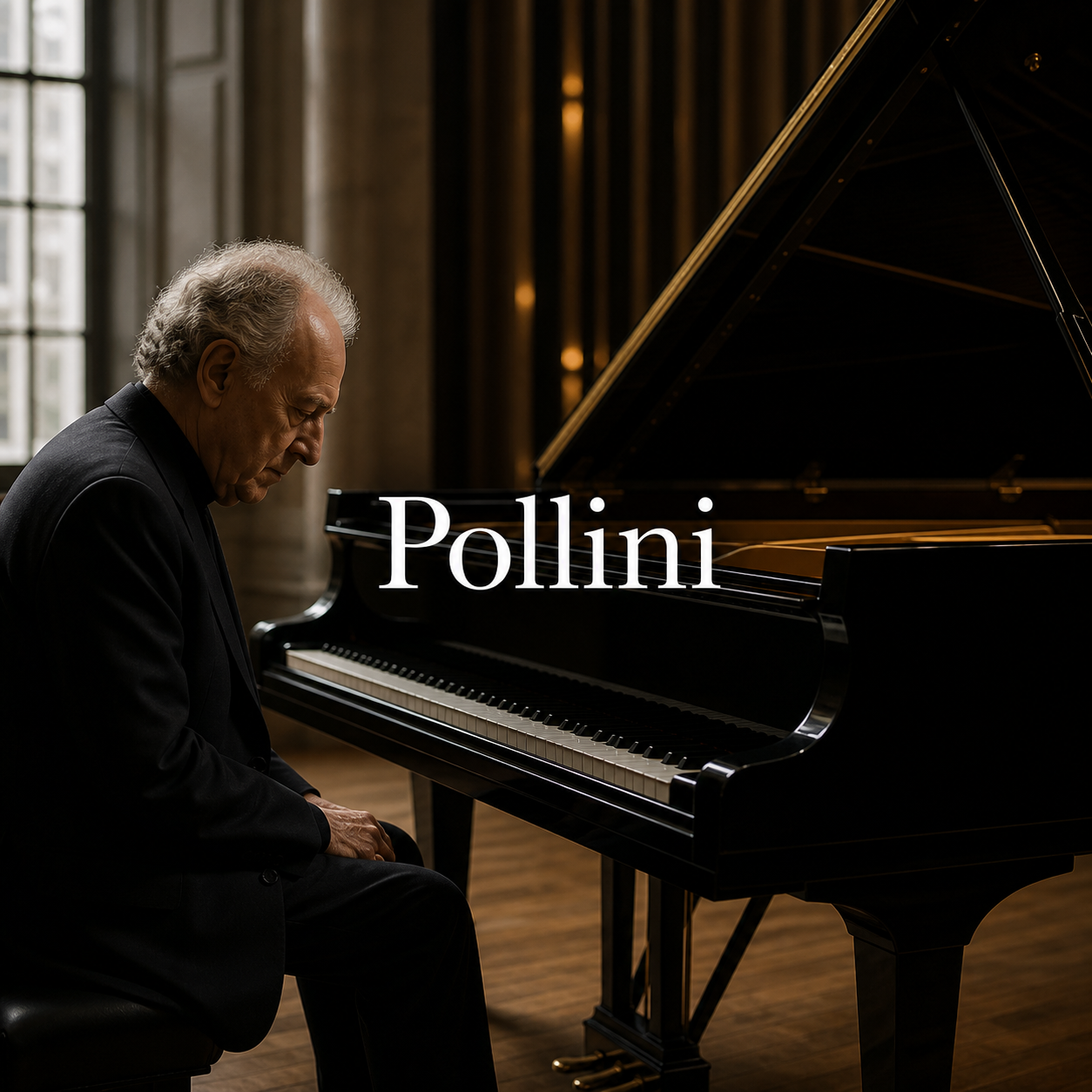 Maurizio Pollini title image in a refined London recital room with a complete grand piano