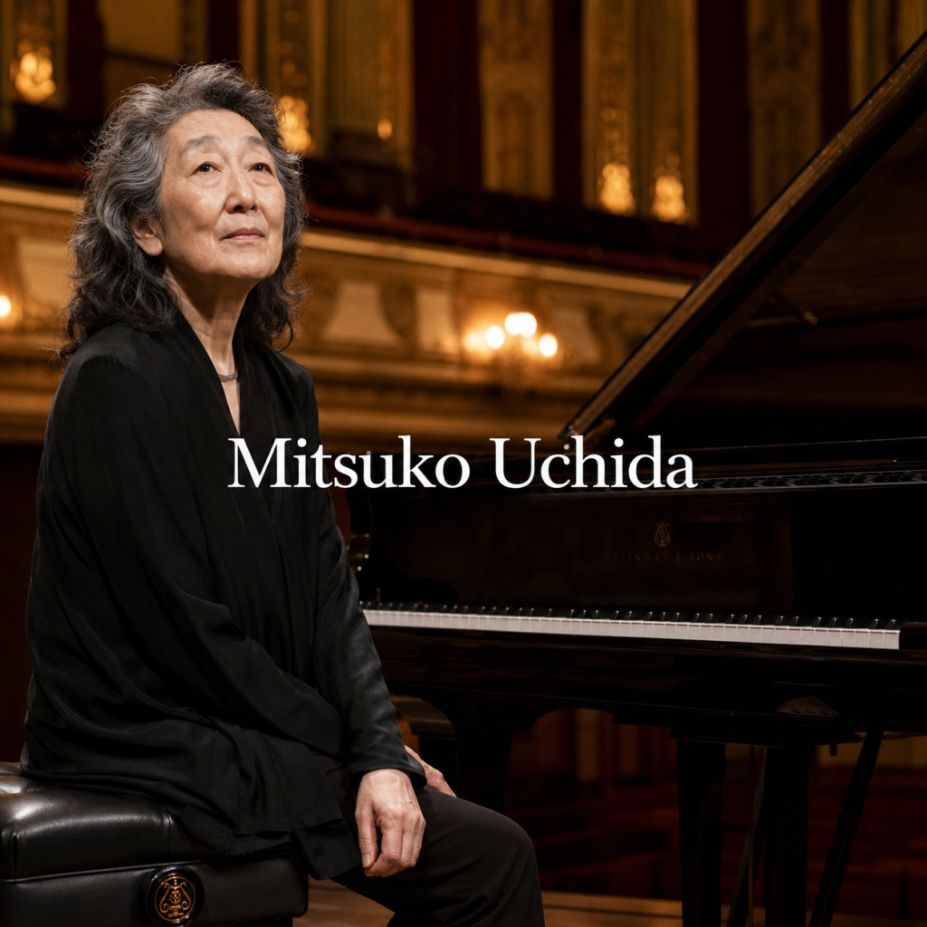 Mitsuko Uchida in London with centred title text and a grand piano