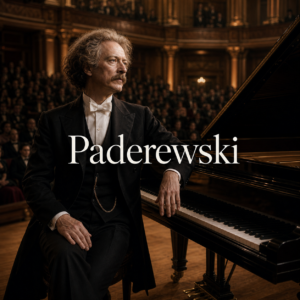 Ignacy Jan Paderewski in London concert hall with grand piano