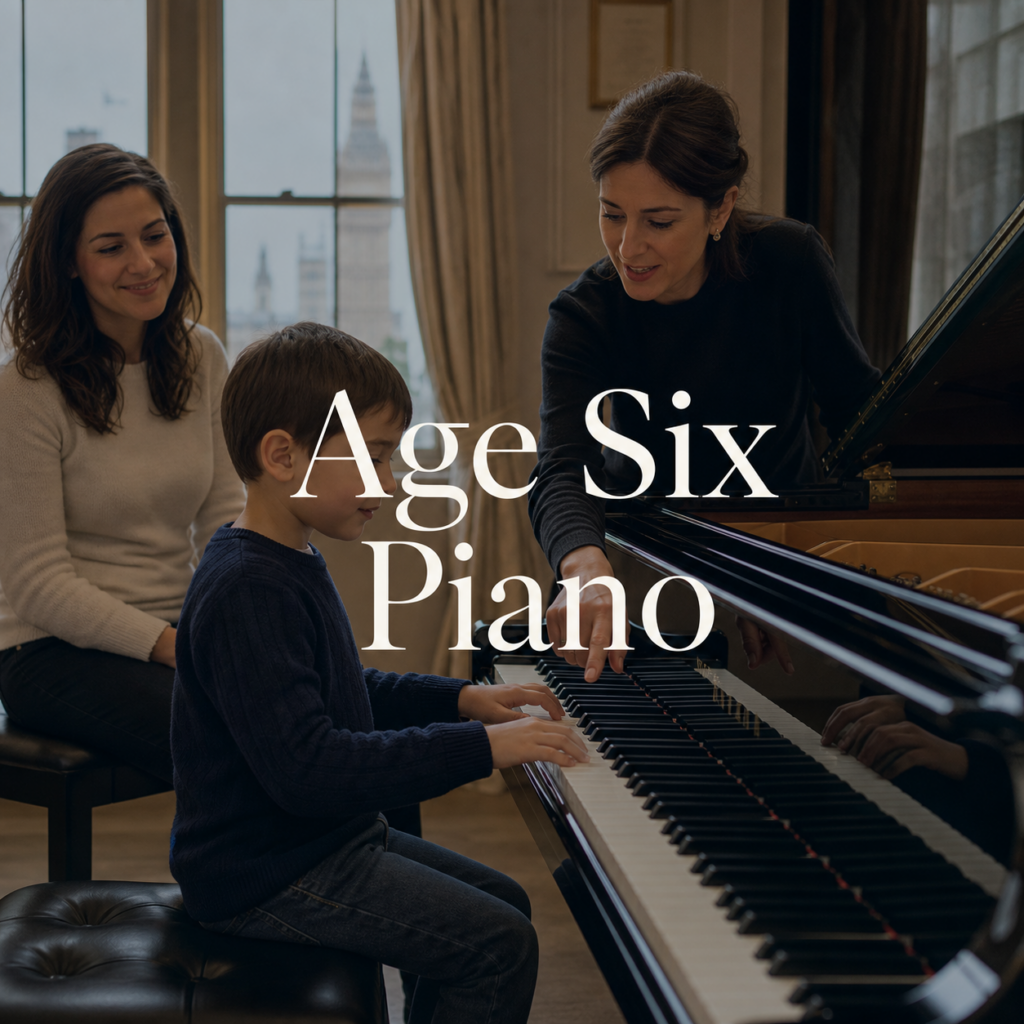 Piano lessons for 6 year olds hero image with centred Age Six Piano title text