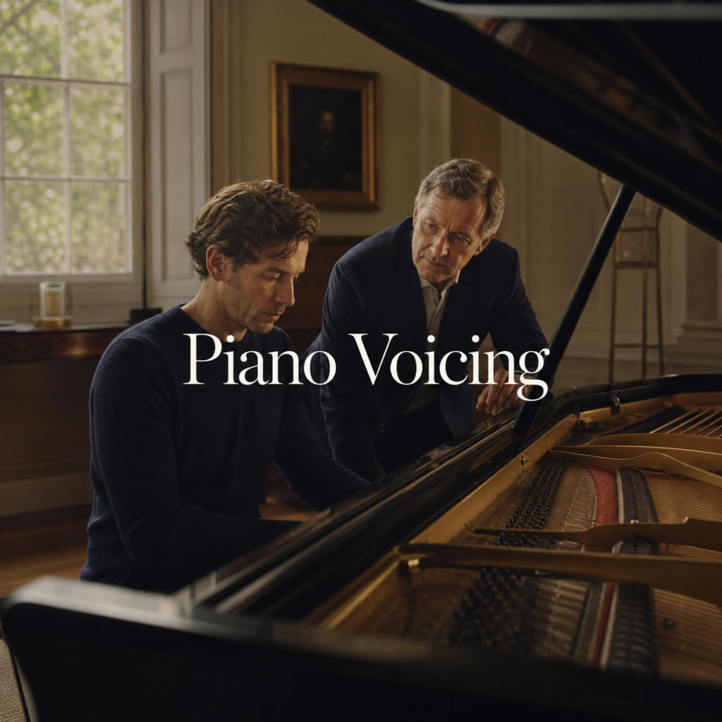 Piano voicing hero image with centred Piano Voicing title text