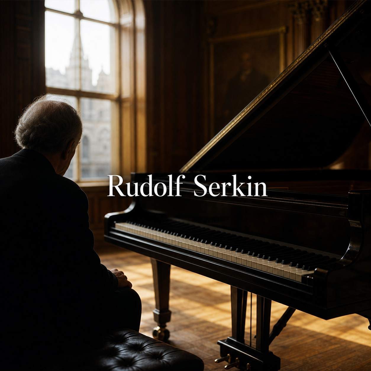 Rudolf Serkin in London article hero with centred title over a grand piano in a refined recital room