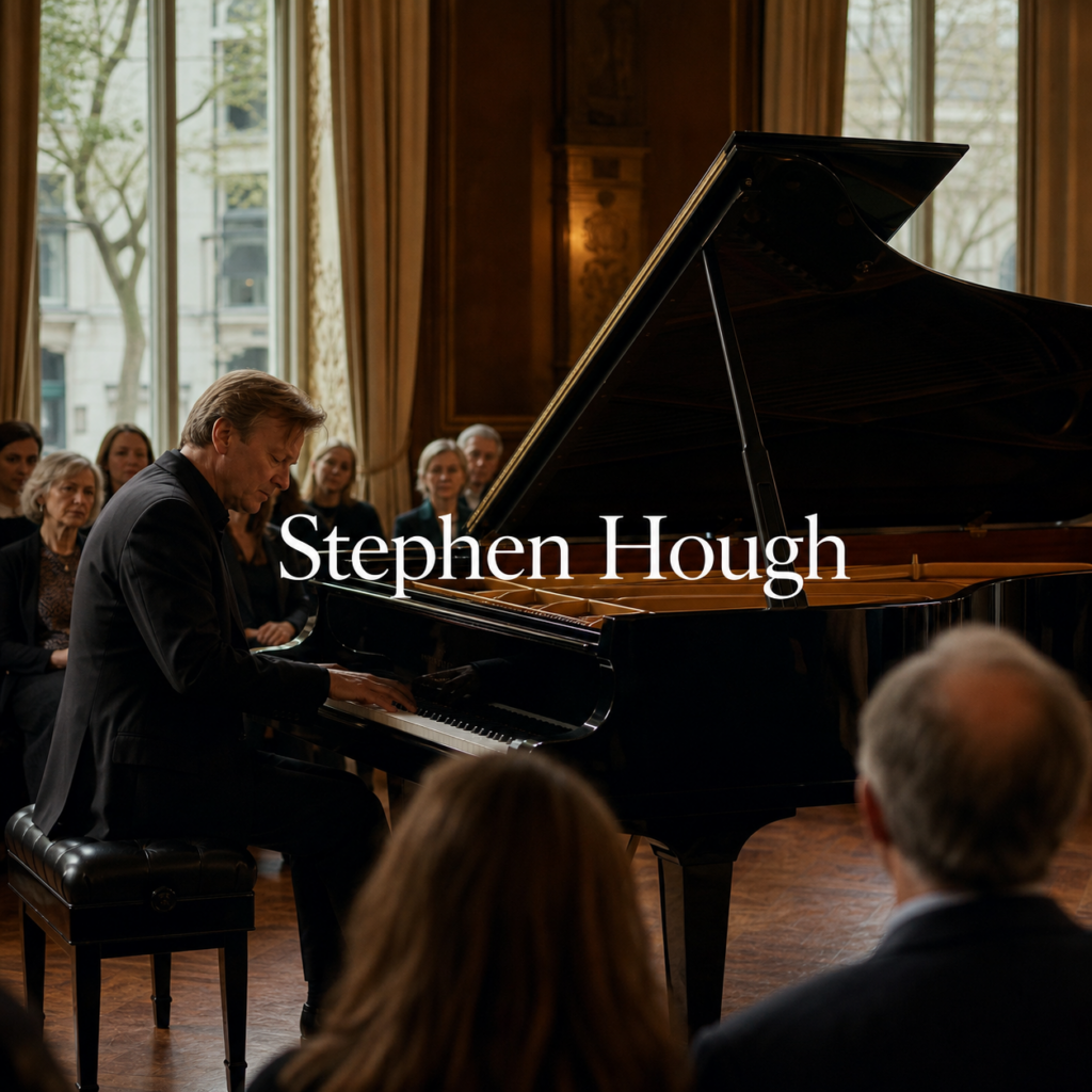 Stephen Hough title image in a refined London recital room with a complete grand piano