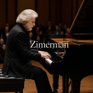 Krystian Zimerman article hero with centred Zimerman title at a London concert grand piano