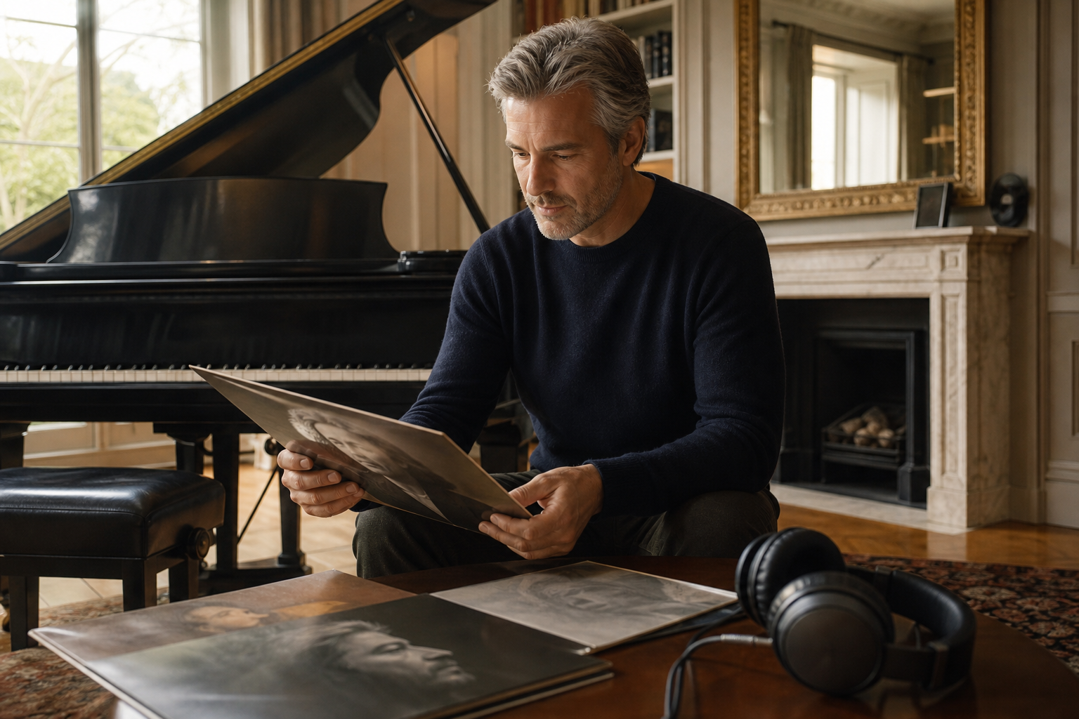 Serious listener with recordings beside a grand piano for a Krystian Zimerman listening guide