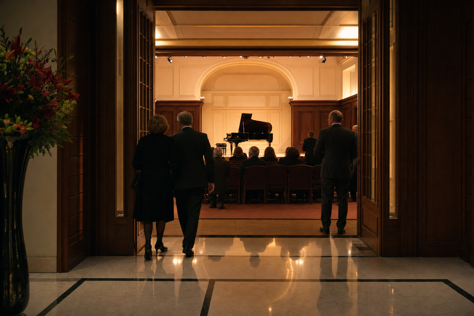 London concert hall approach with recital stage and grand piano for Krystian Zimerman performance context