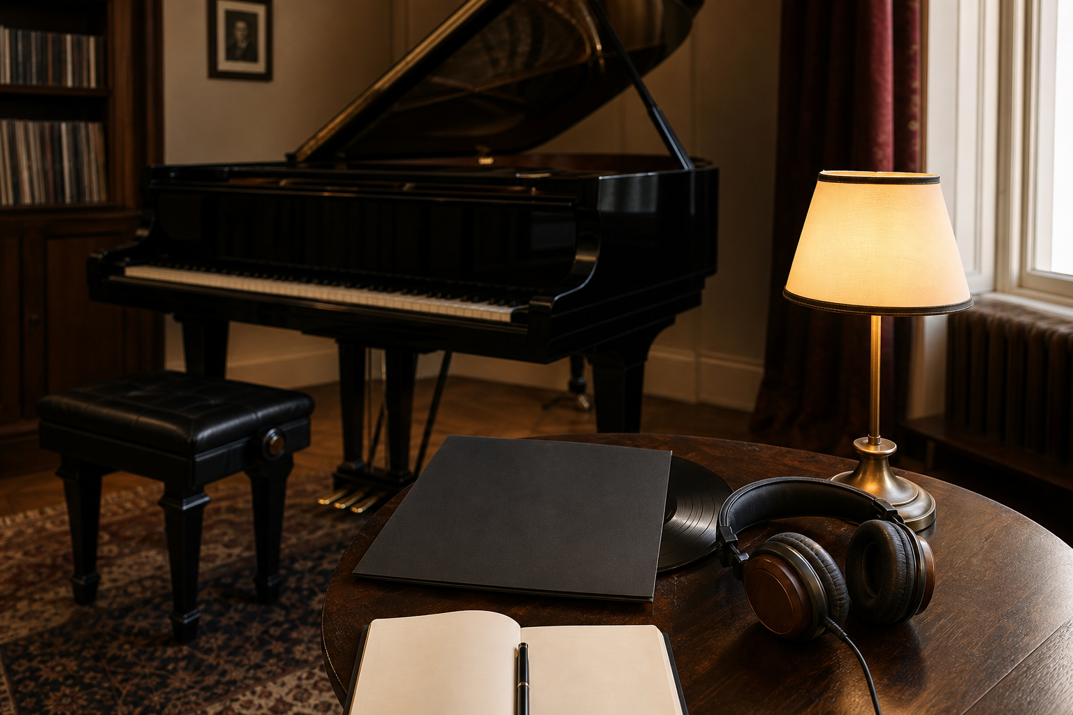 Refined listening table beside a grand piano for an Andsnes discography roadmap