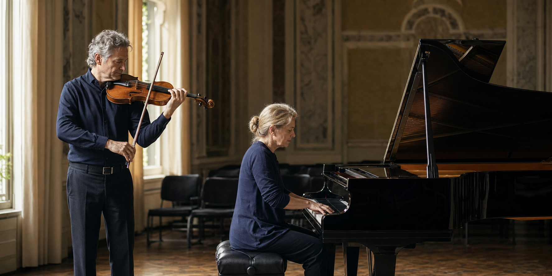 London chamber rehearsal with grand piano and violin suggesting Andsnes collaborations