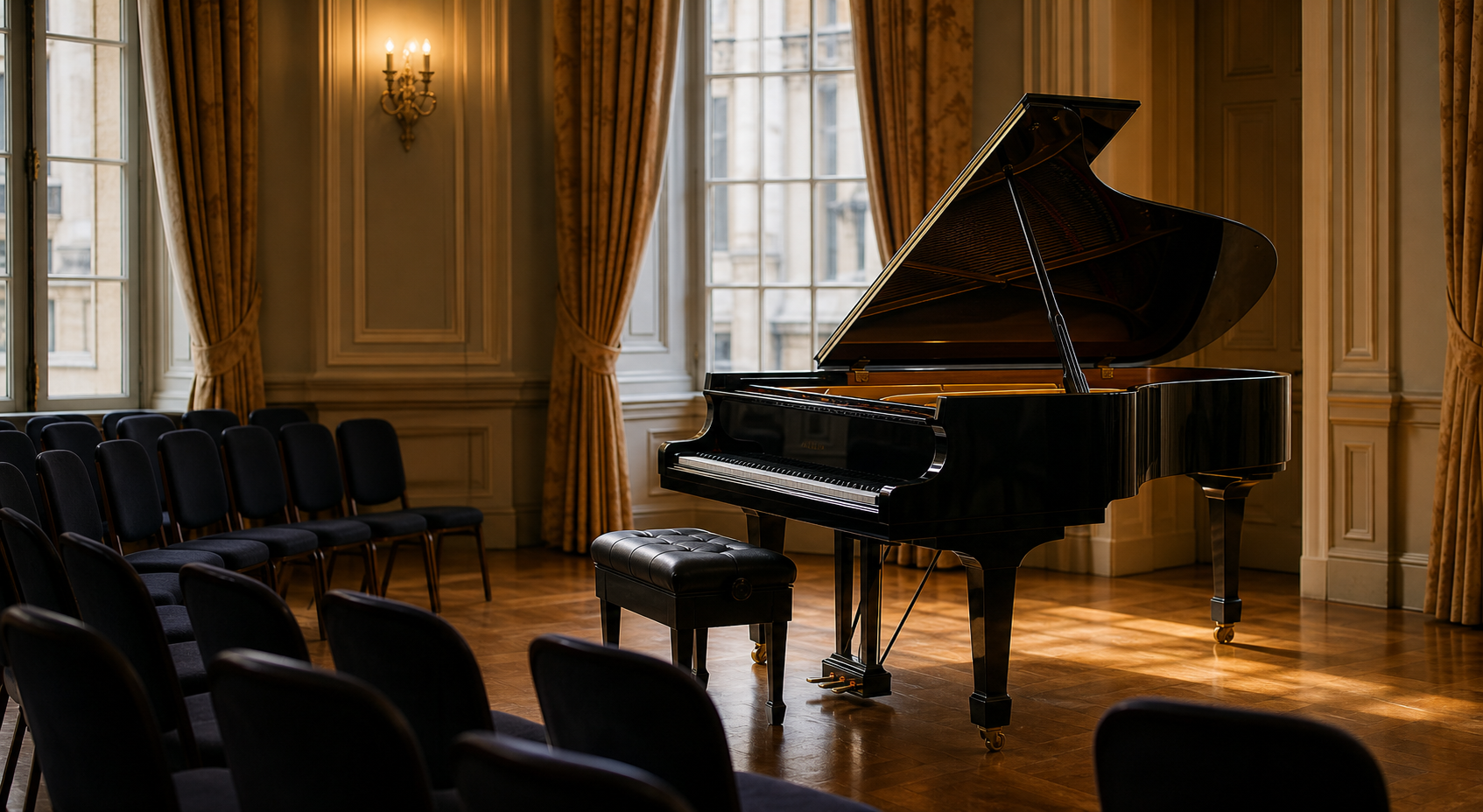Elegant London recital room with a grand piano prepared for serious listening
