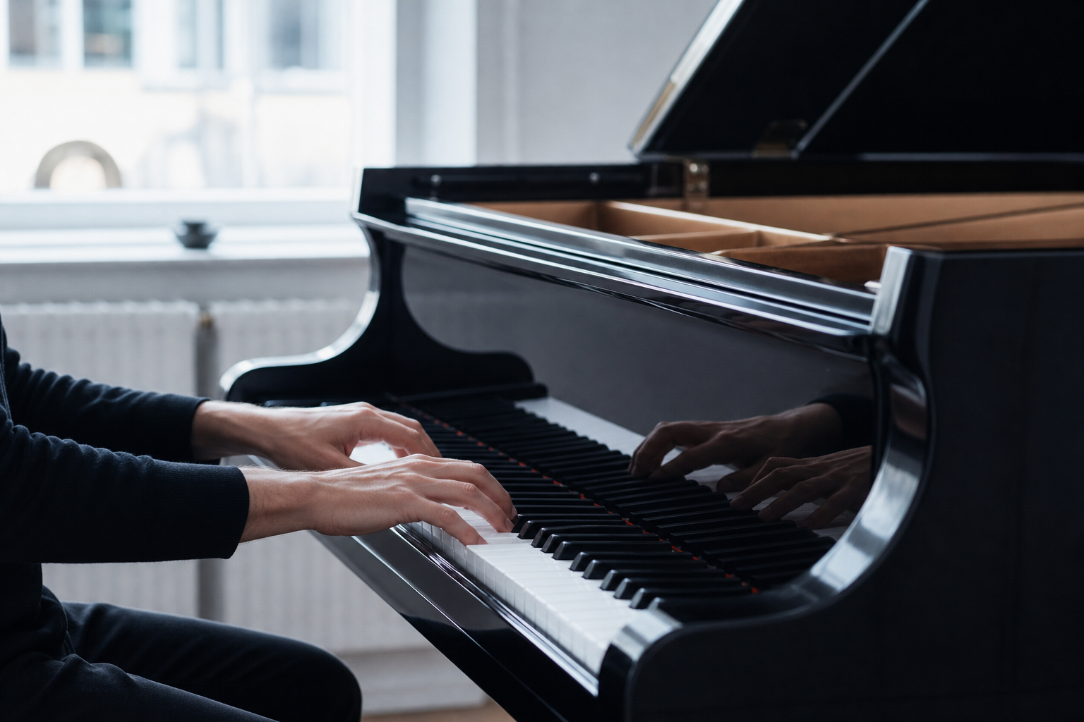 Pianist hands at a grand piano suggesting Nordic clarity in Mozart and Grieg